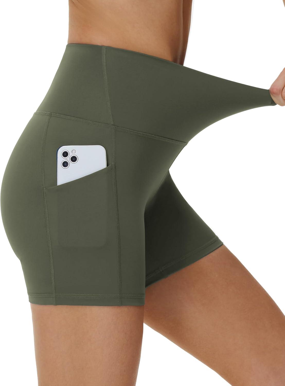 imageTHE GYM PEOPLE Womens High Waist Yoga Shorts 5quot Stretchy Tummy Control Biker Workout Running Short with Side PocketsOlive Green