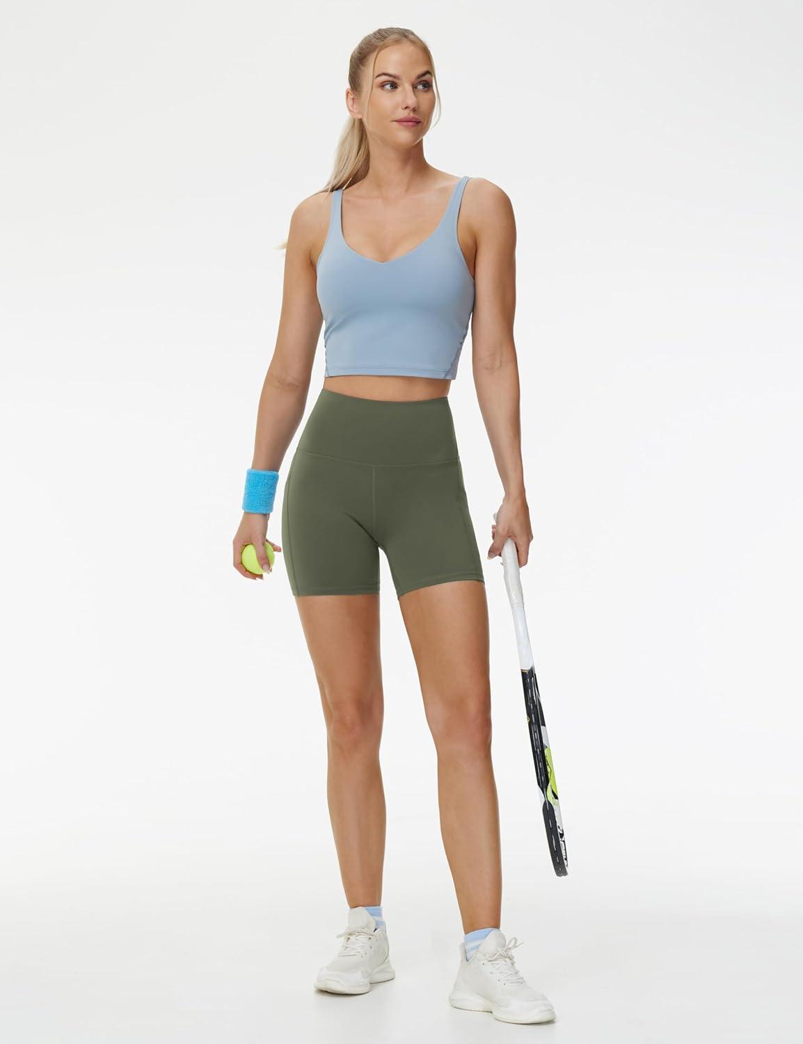 imageTHE GYM PEOPLE Womens High Waist Yoga Shorts 5quot Stretchy Tummy Control Biker Workout Running Short with Side PocketsOlive Green