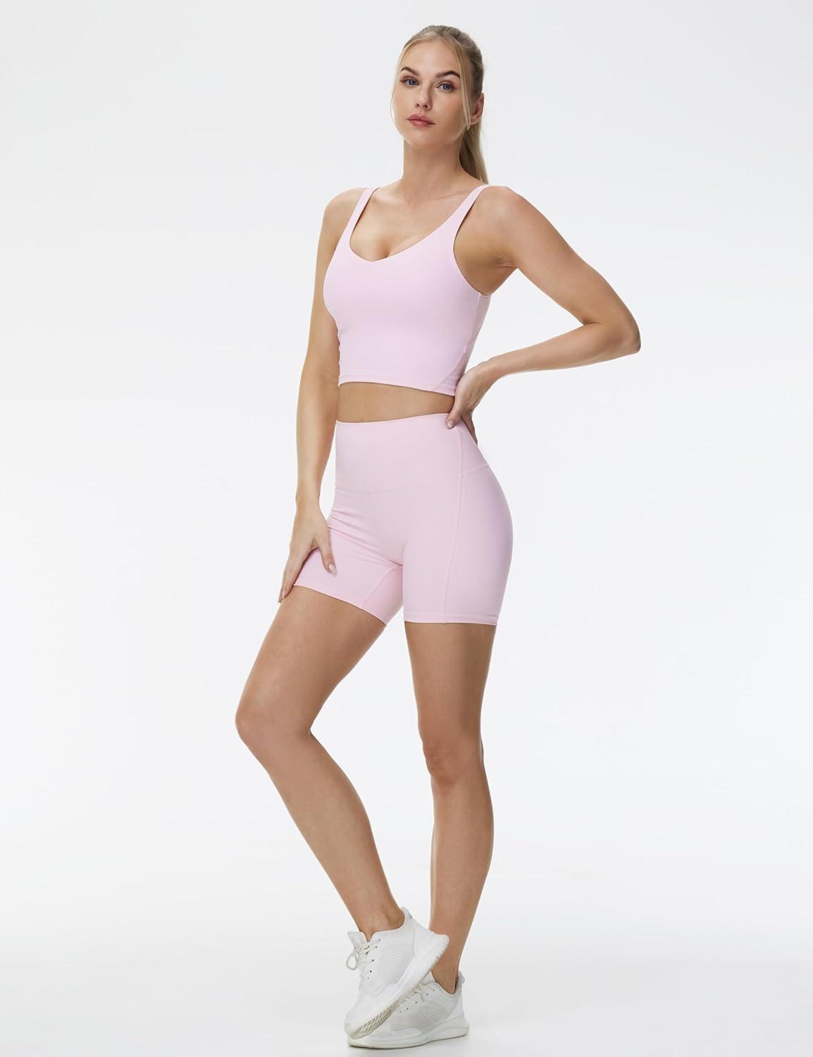 imageTHE GYM PEOPLE Womens High Waist Yoga Workout Shorts Tummy Control Fitness Athletic Running Compression ShortsLight Pink