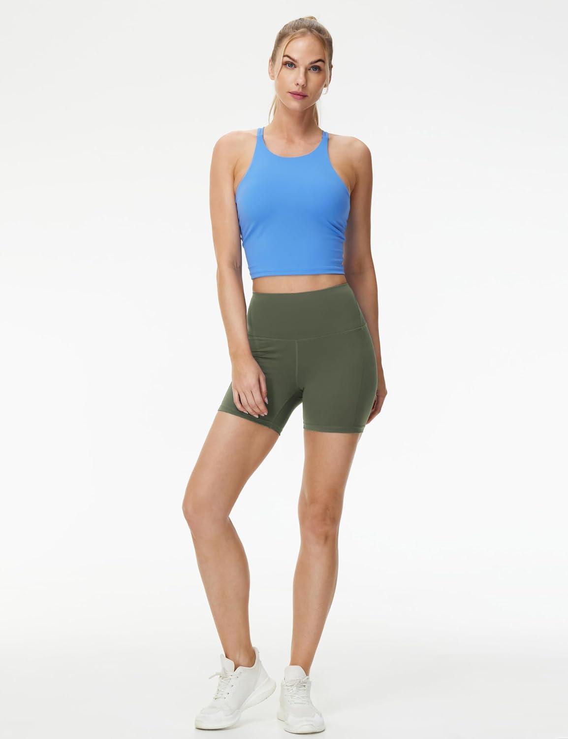 imageTHE GYM PEOPLE Womens High Waist Yoga Workout Shorts Tummy Control Fitness Athletic Running Compression ShortsOlive Green