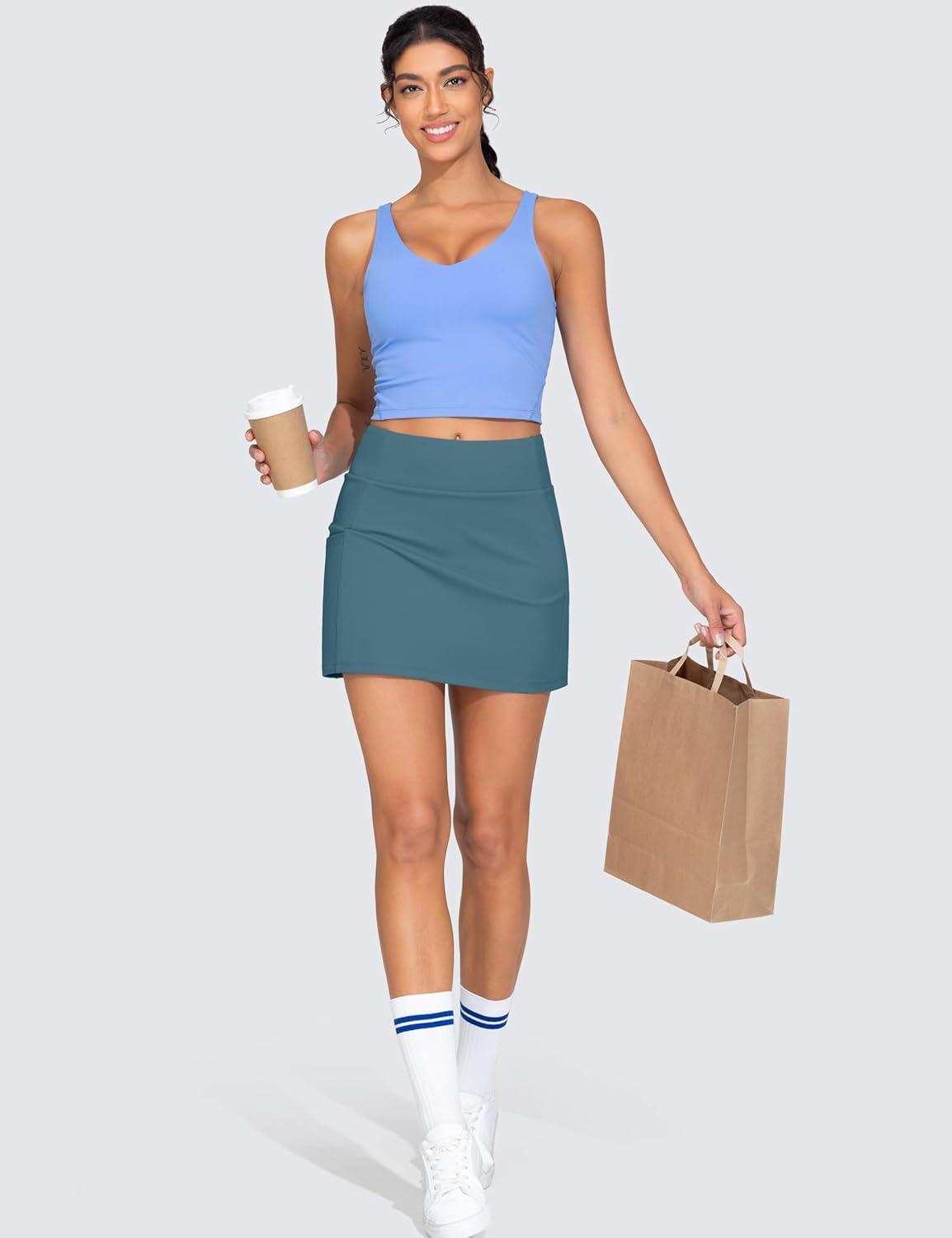 imageTHE GYM PEOPLE Womens High Waisted Golf Skorts Tennis Mini Athletic Active Skirts Builtin Shorts with 3 PocketsGreen Blue