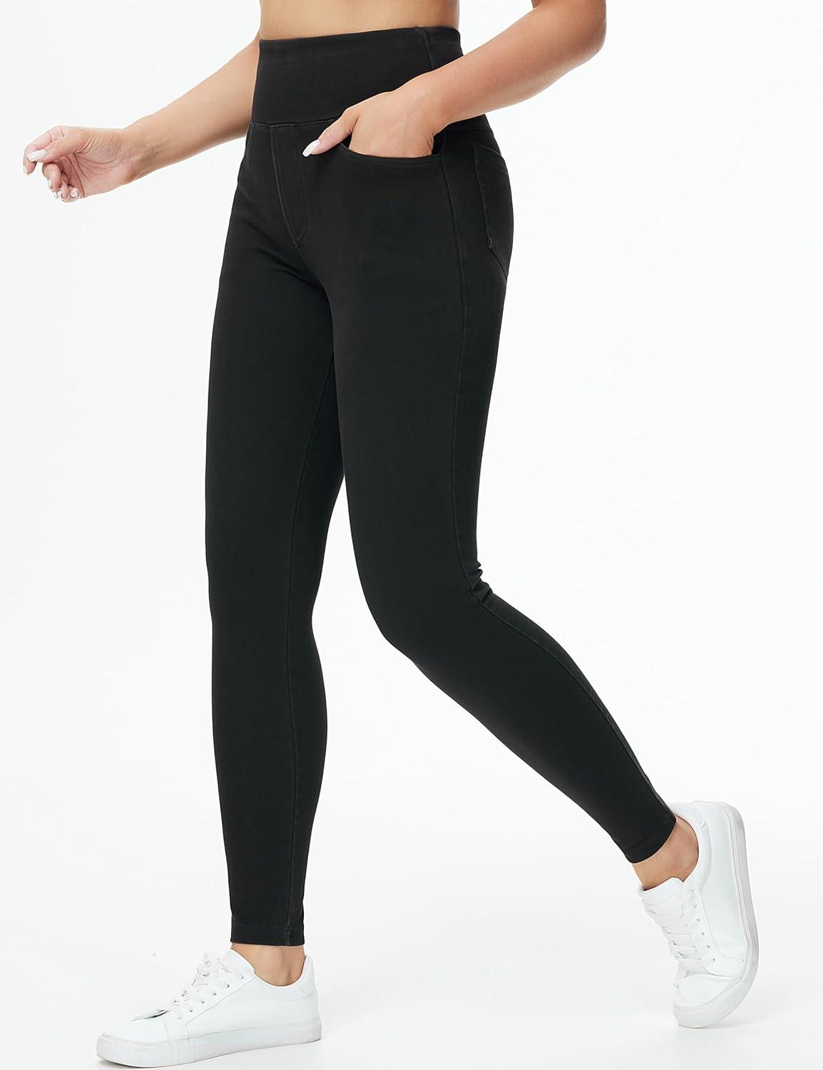 imageTHE GYM PEOPLE Womens High Waisted Jeggings Pants Stretchy Tummy Control Skinny Jean Leggings with PocketsBlack