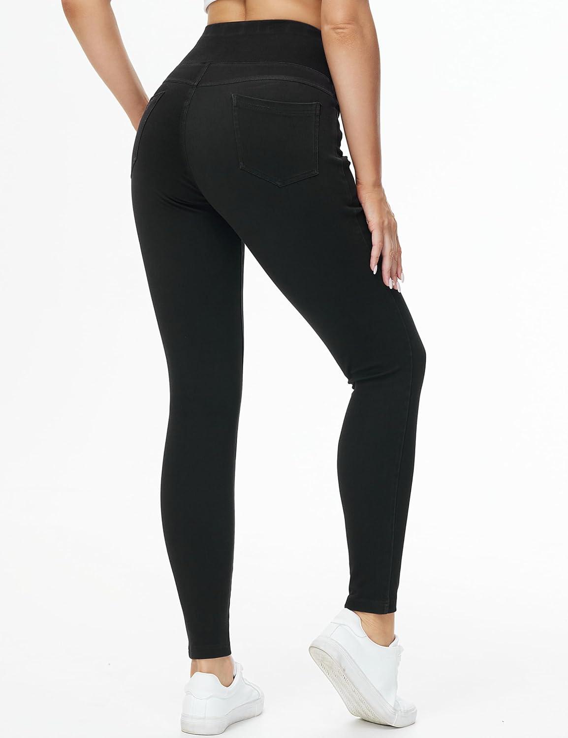 imageTHE GYM PEOPLE Womens High Waisted Jeggings Pants Stretchy Tummy Control Skinny Jean Leggings with PocketsBlack