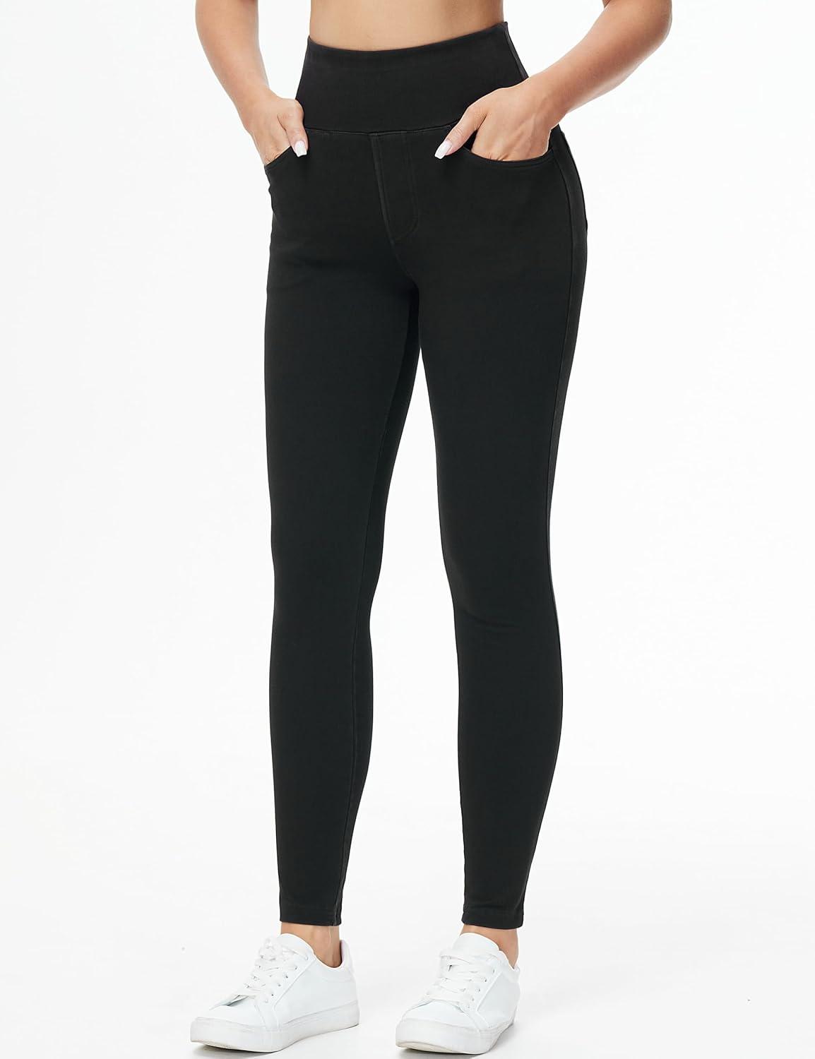 imageTHE GYM PEOPLE Womens High Waisted Jeggings Pants Stretchy Tummy Control Skinny Jean Leggings with PocketsBlack