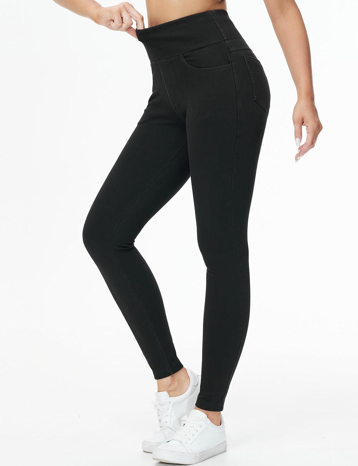 imageTHE GYM PEOPLE Womens High Waisted Jeggings Pants Stretchy Tummy Control Skinny Jean Leggings with PocketsBlack