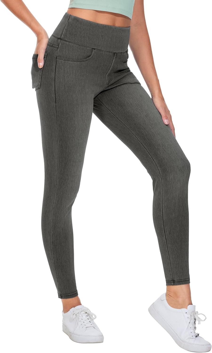 imageTHE GYM PEOPLE Womens High Waisted Jeggings Pants Stretchy Tummy Control Skinny Jean Leggings with PocketsBlack Grey