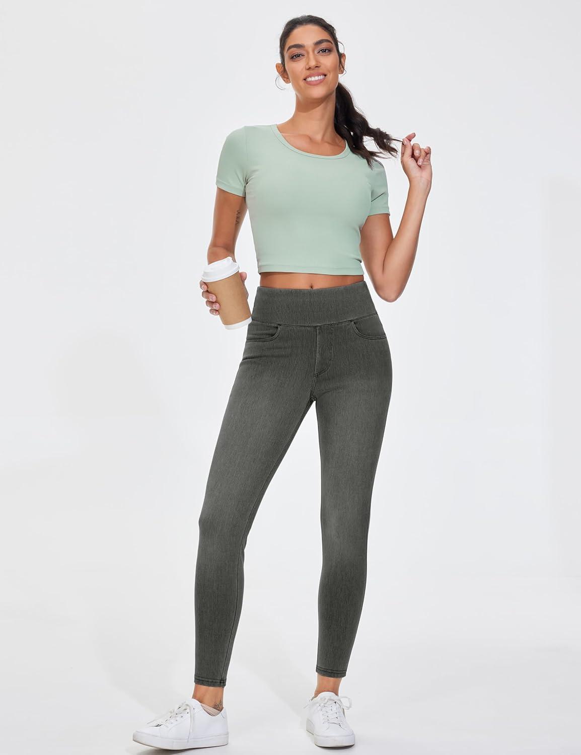 imageTHE GYM PEOPLE Womens High Waisted Jeggings Pants Stretchy Tummy Control Skinny Jean Leggings with PocketsBlack Grey