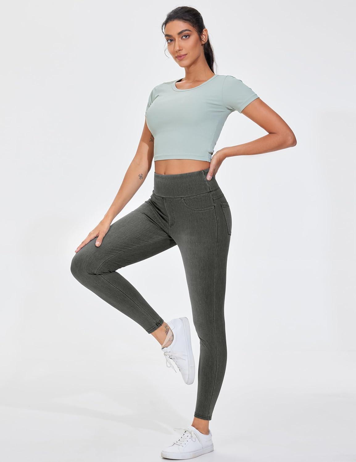 imageTHE GYM PEOPLE Womens High Waisted Jeggings Pants Stretchy Tummy Control Skinny Jean Leggings with PocketsBlack Grey