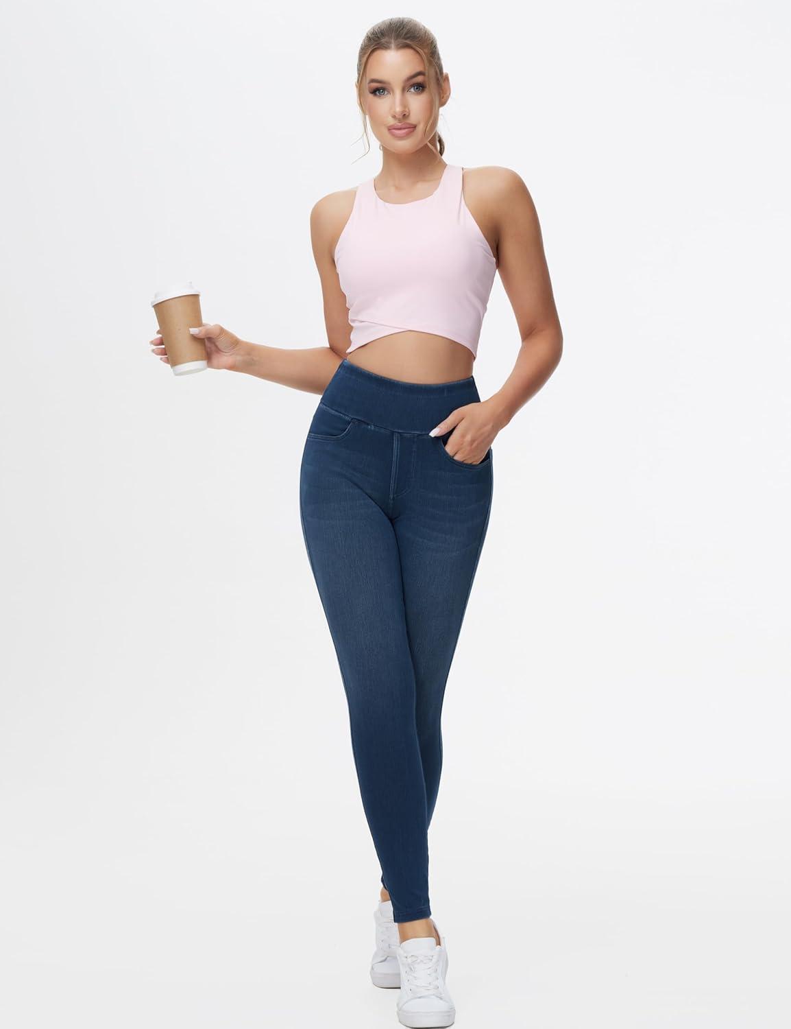 imageTHE GYM PEOPLE Womens High Waisted Jeggings Pants Stretchy Tummy Control Skinny Jean Leggings with PocketsDark Blue