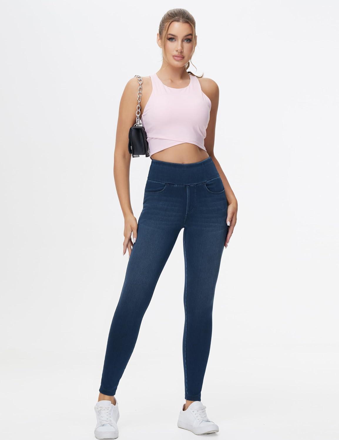 imageTHE GYM PEOPLE Womens High Waisted Jeggings Pants Stretchy Tummy Control Skinny Jean Leggings with PocketsDark Blue
