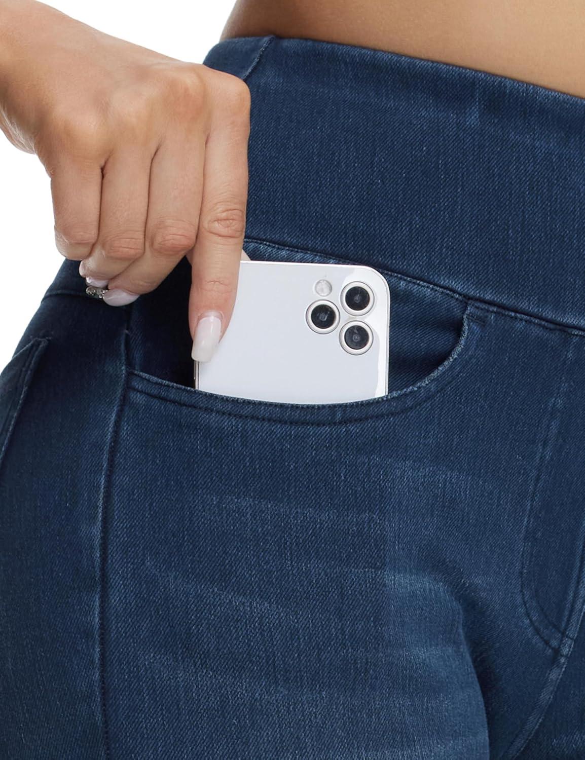 imageTHE GYM PEOPLE Womens High Waisted Jeggings Pants Stretchy Tummy Control Skinny Jean Leggings with PocketsDark Blue