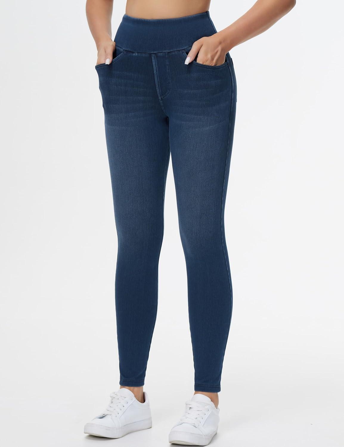imageTHE GYM PEOPLE Womens High Waisted Jeggings Pants Stretchy Tummy Control Skinny Jean Leggings with PocketsDark Blue