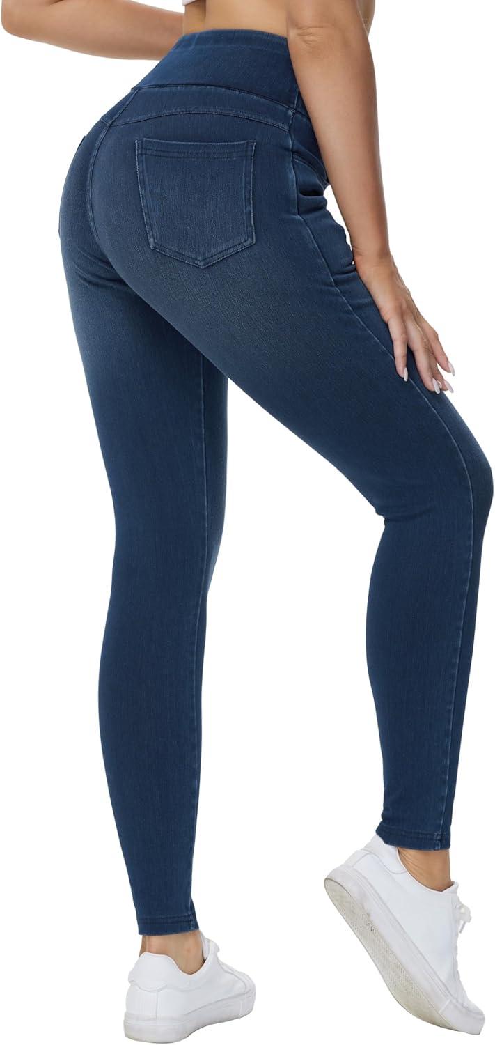 imageTHE GYM PEOPLE Womens High Waisted Jeggings Pants Stretchy Tummy Control Skinny Jean Leggings with PocketsDark Blue