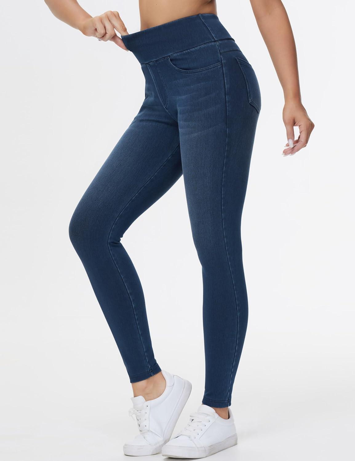 imageTHE GYM PEOPLE Womens High Waisted Jeggings Pants Stretchy Tummy Control Skinny Jean Leggings with PocketsDark Blue