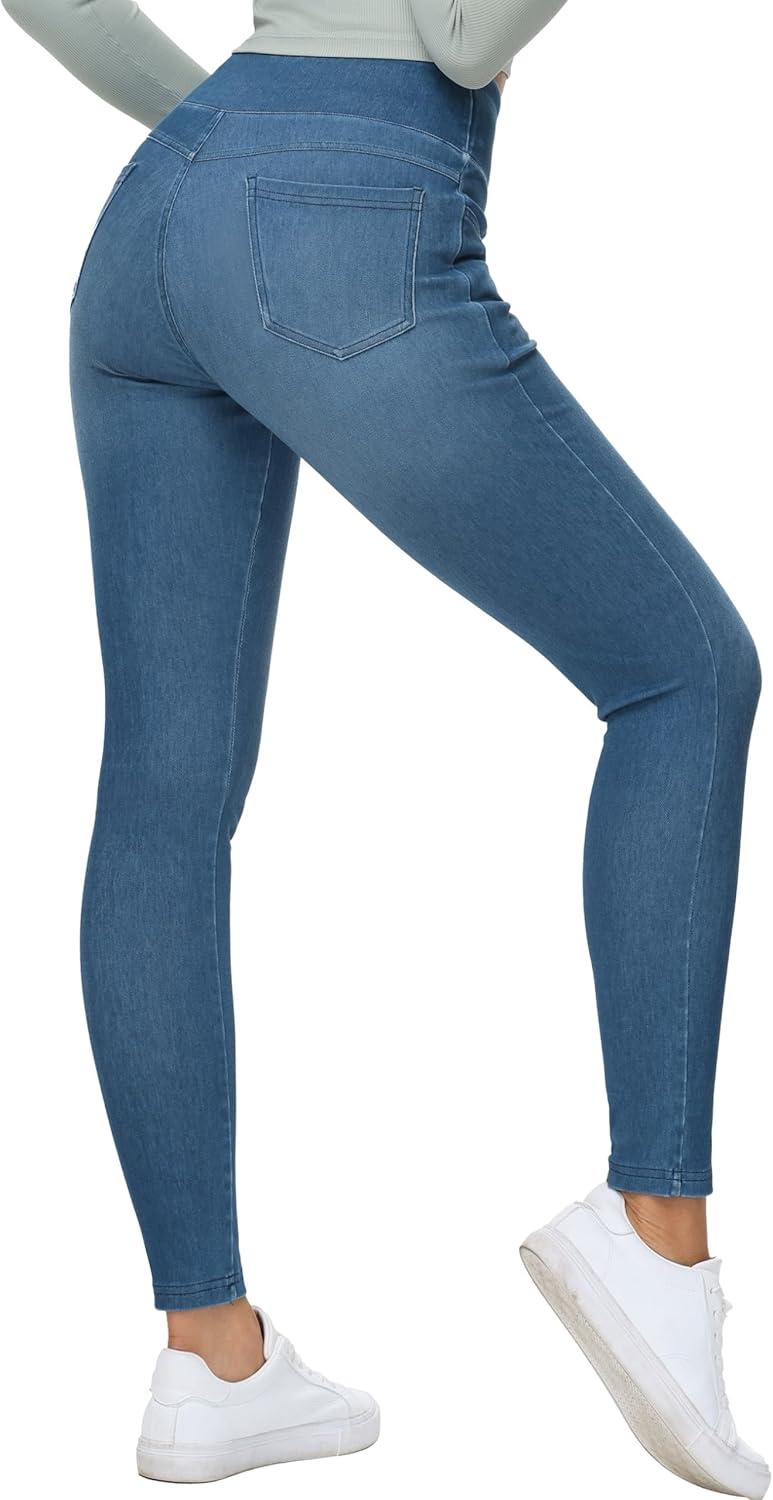 imageTHE GYM PEOPLE Womens High Waisted Jeggings Pants Stretchy Tummy Control Skinny Jean Leggings with PocketsDenim Blue