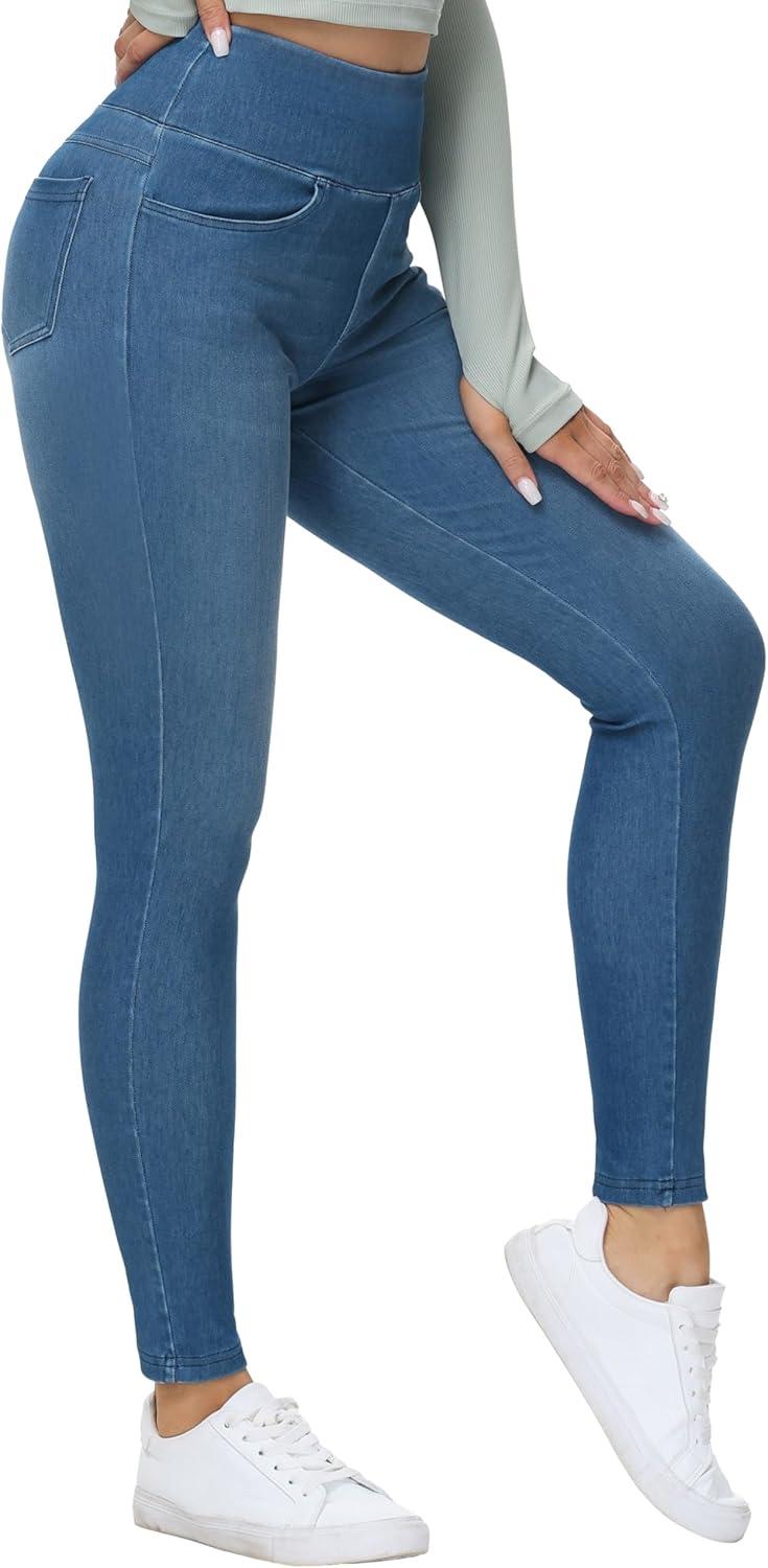 imageTHE GYM PEOPLE Womens High Waisted Jeggings Pants Stretchy Tummy Control Skinny Jean Leggings with PocketsDenim Blue