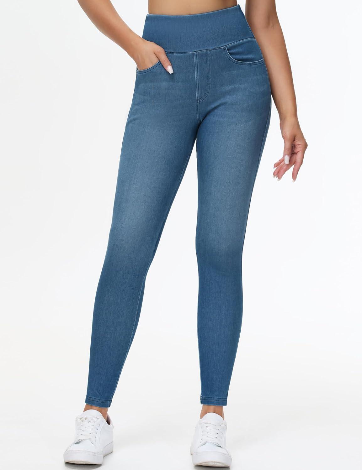 imageTHE GYM PEOPLE Womens High Waisted Jeggings Pants Stretchy Tummy Control Skinny Jean Leggings with PocketsDenim Blue