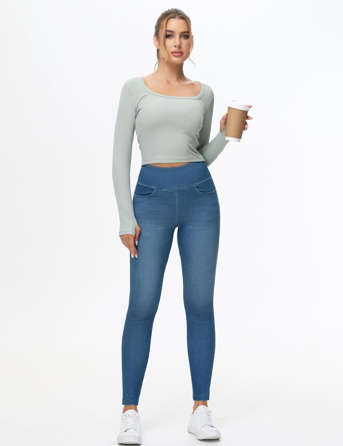 imageTHE GYM PEOPLE Womens High Waisted Jeggings Pants Stretchy Tummy Control Skinny Jean Leggings with PocketsDenim Blue