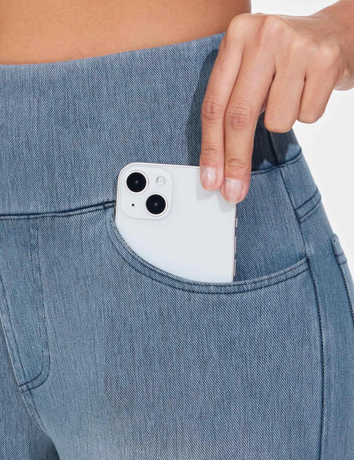 imageTHE GYM PEOPLE Womens High Waisted Jeggings Pants Stretchy Tummy Control Skinny Jean Leggings with PocketsDenim Light Blue