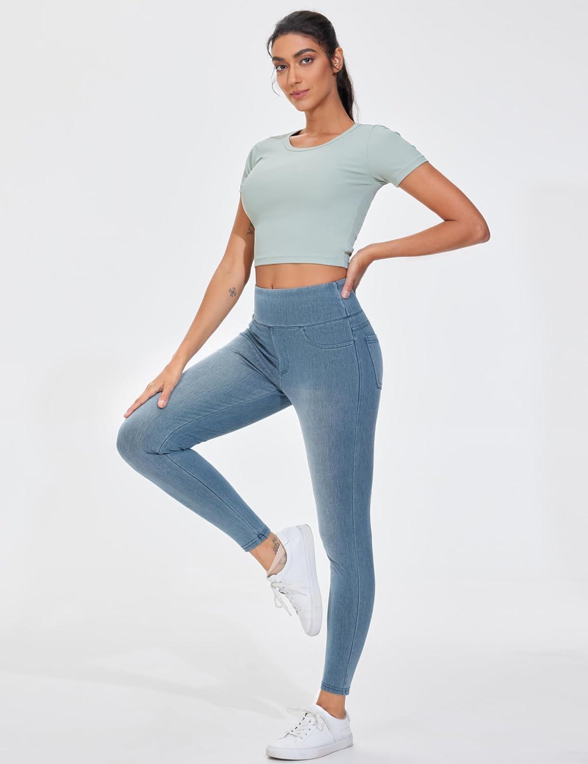 imageTHE GYM PEOPLE Womens High Waisted Jeggings Pants Stretchy Tummy Control Skinny Jean Leggings with PocketsDenim Light Blue