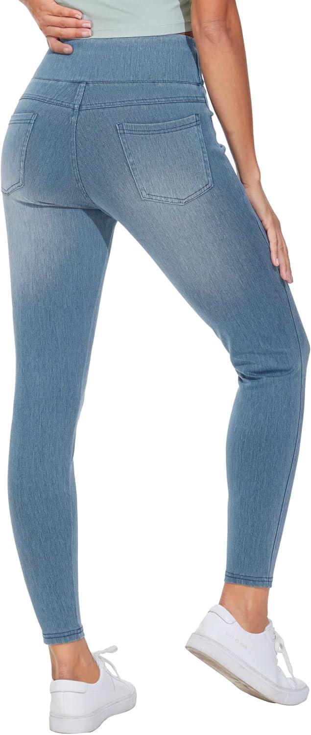 imageTHE GYM PEOPLE Womens High Waisted Jeggings Pants Stretchy Tummy Control Skinny Jean Leggings with PocketsDenim Light Blue