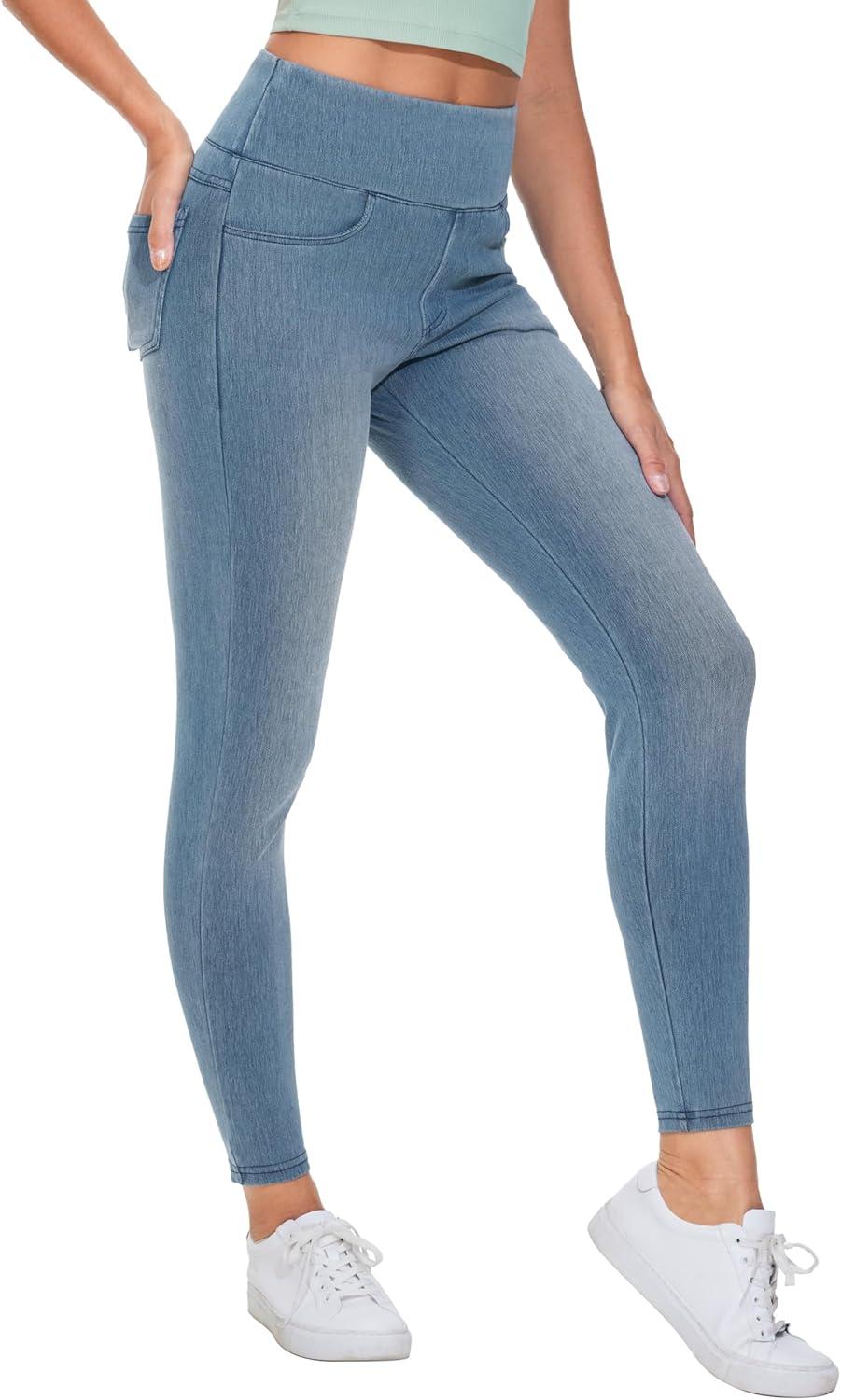 imageTHE GYM PEOPLE Womens High Waisted Jeggings Pants Stretchy Tummy Control Skinny Jean Leggings with PocketsDenim Light Blue