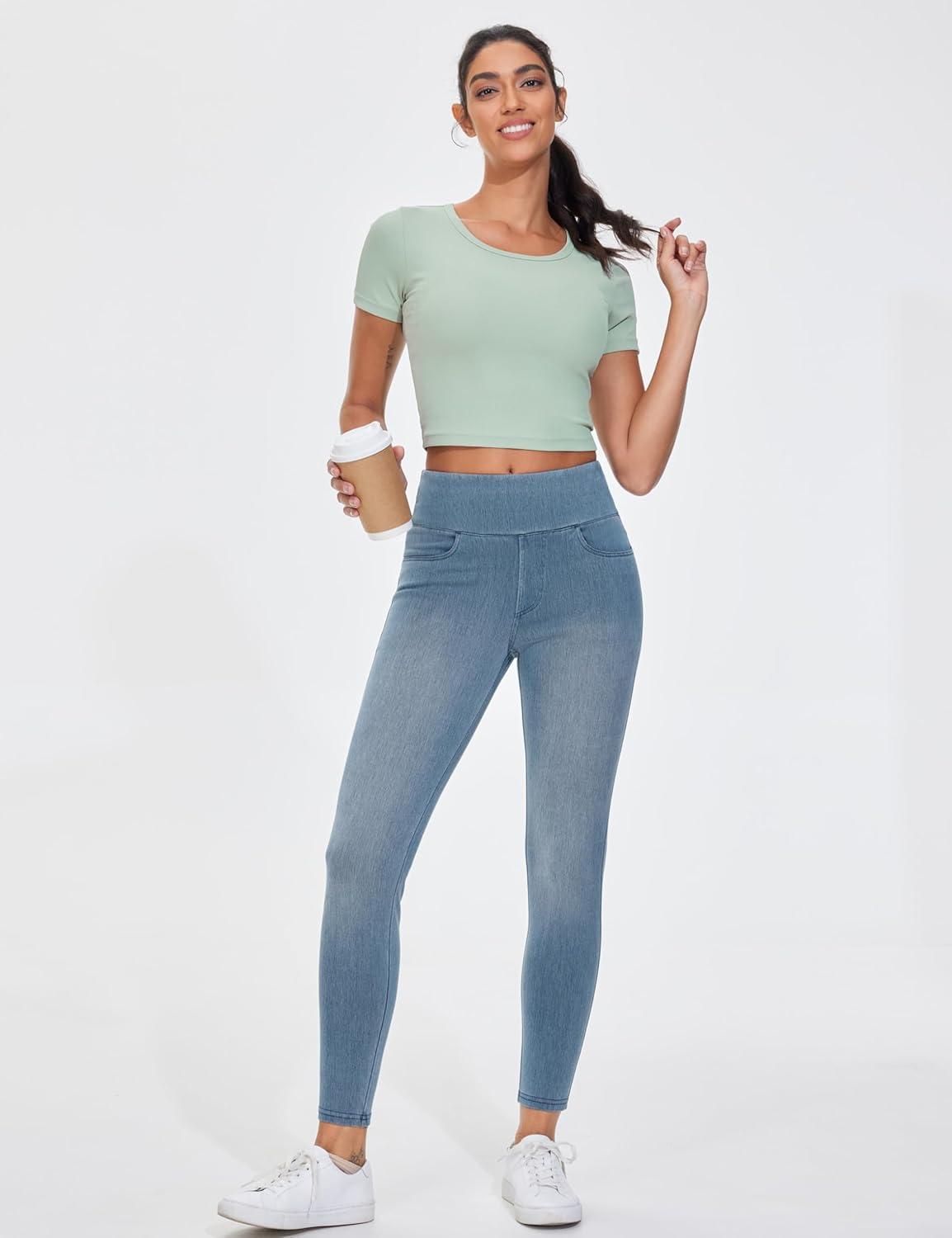 imageTHE GYM PEOPLE Womens High Waisted Jeggings Pants Stretchy Tummy Control Skinny Jean Leggings with PocketsDenim Light Blue
