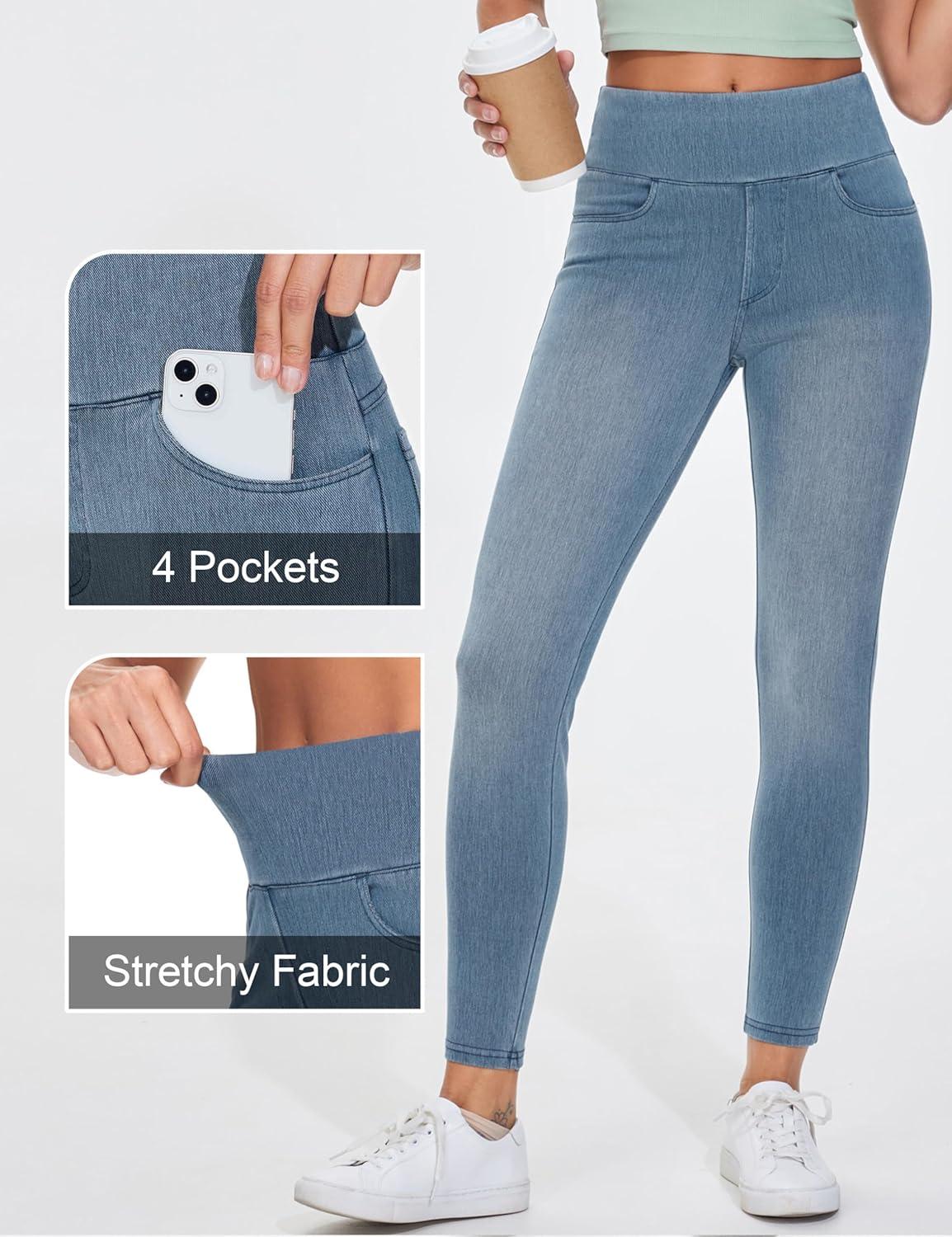 imageTHE GYM PEOPLE Womens High Waisted Jeggings Pants Stretchy Tummy Control Skinny Jean Leggings with PocketsDenim Light Blue