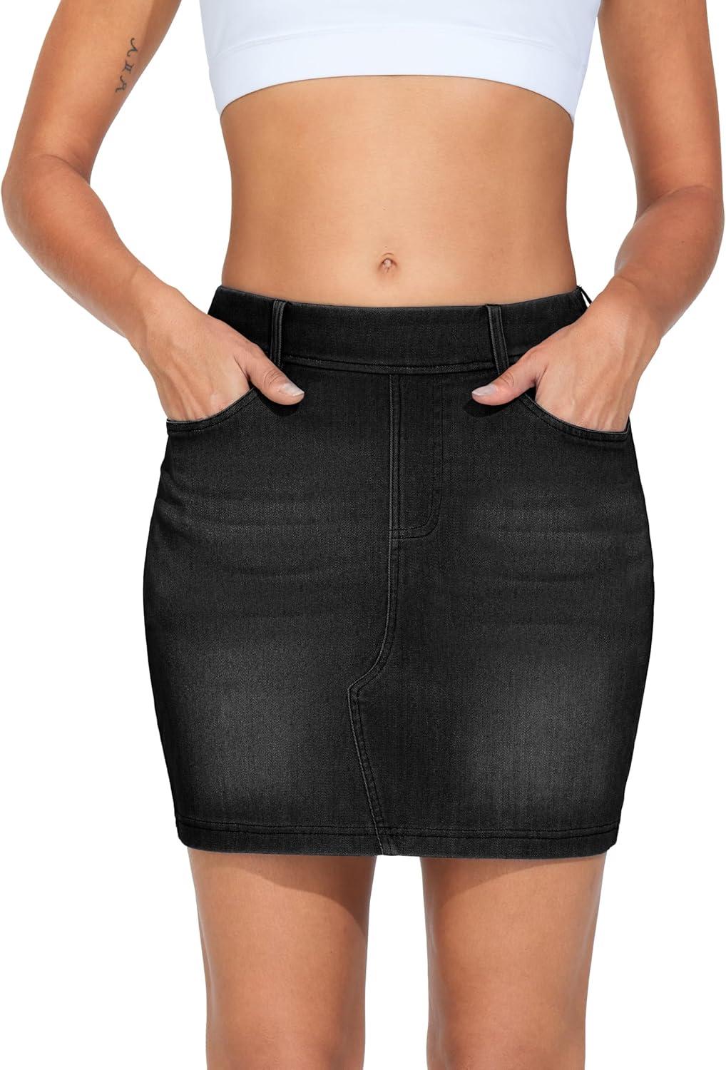 imageTHE GYM PEOPLE Womens High Waisted Mini Denim Skirts with Pockets Stretch Skinny Jean Bodycon SkirtsBlack