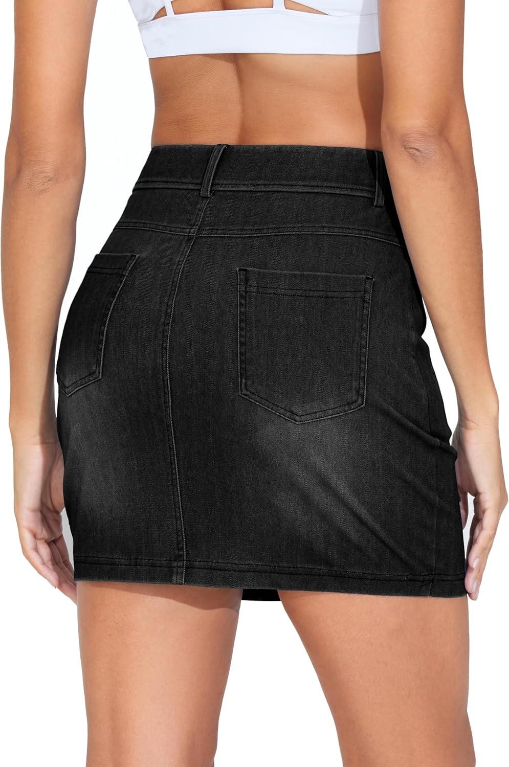 imageTHE GYM PEOPLE Womens High Waisted Mini Denim Skirts with Pockets Stretch Skinny Jean Bodycon SkirtsBlack