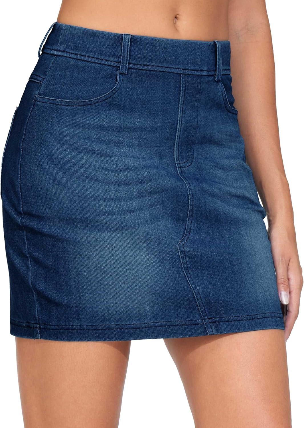imageTHE GYM PEOPLE Womens High Waisted Mini Denim Skirts with Pockets Stretch Skinny Jean Bodycon SkirtsDark Blue