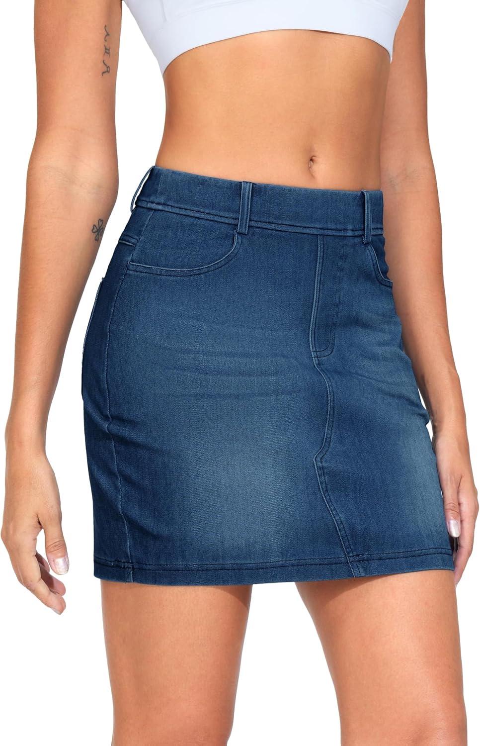 imageTHE GYM PEOPLE Womens High Waisted Mini Denim Skirts with Pockets Stretch Skinny Jean Bodycon SkirtsDark Blue