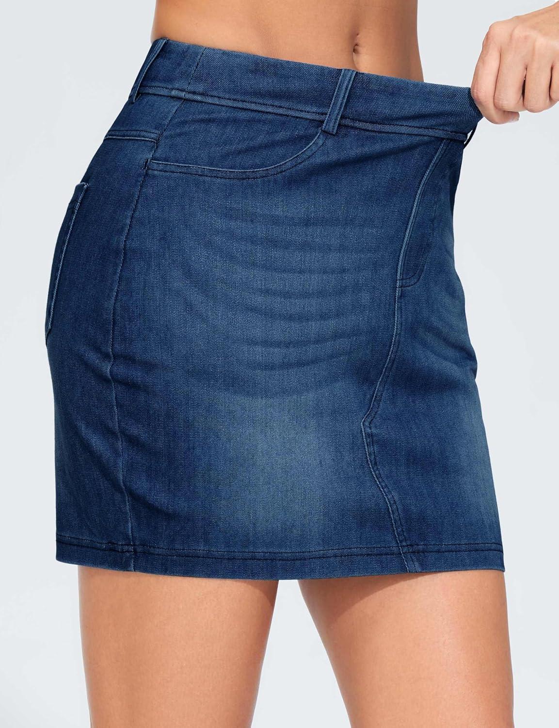 imageTHE GYM PEOPLE Womens High Waisted Mini Denim Skirts with Pockets Stretch Skinny Jean Bodycon SkirtsDark Blue