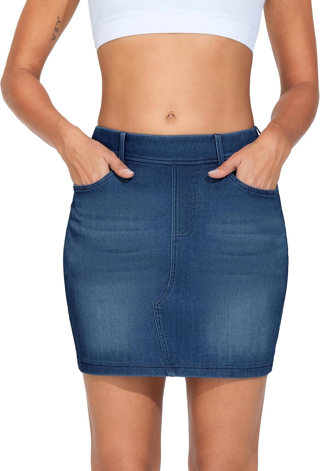 imageTHE GYM PEOPLE Womens High Waisted Mini Denim Skirts with Pockets Stretch Skinny Jean Bodycon SkirtsDark Blue