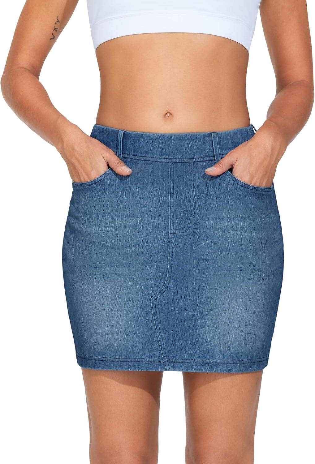 imageTHE GYM PEOPLE Womens High Waisted Mini Denim Skirts with Pockets Stretch Skinny Jean Bodycon SkirtsDenim Blue