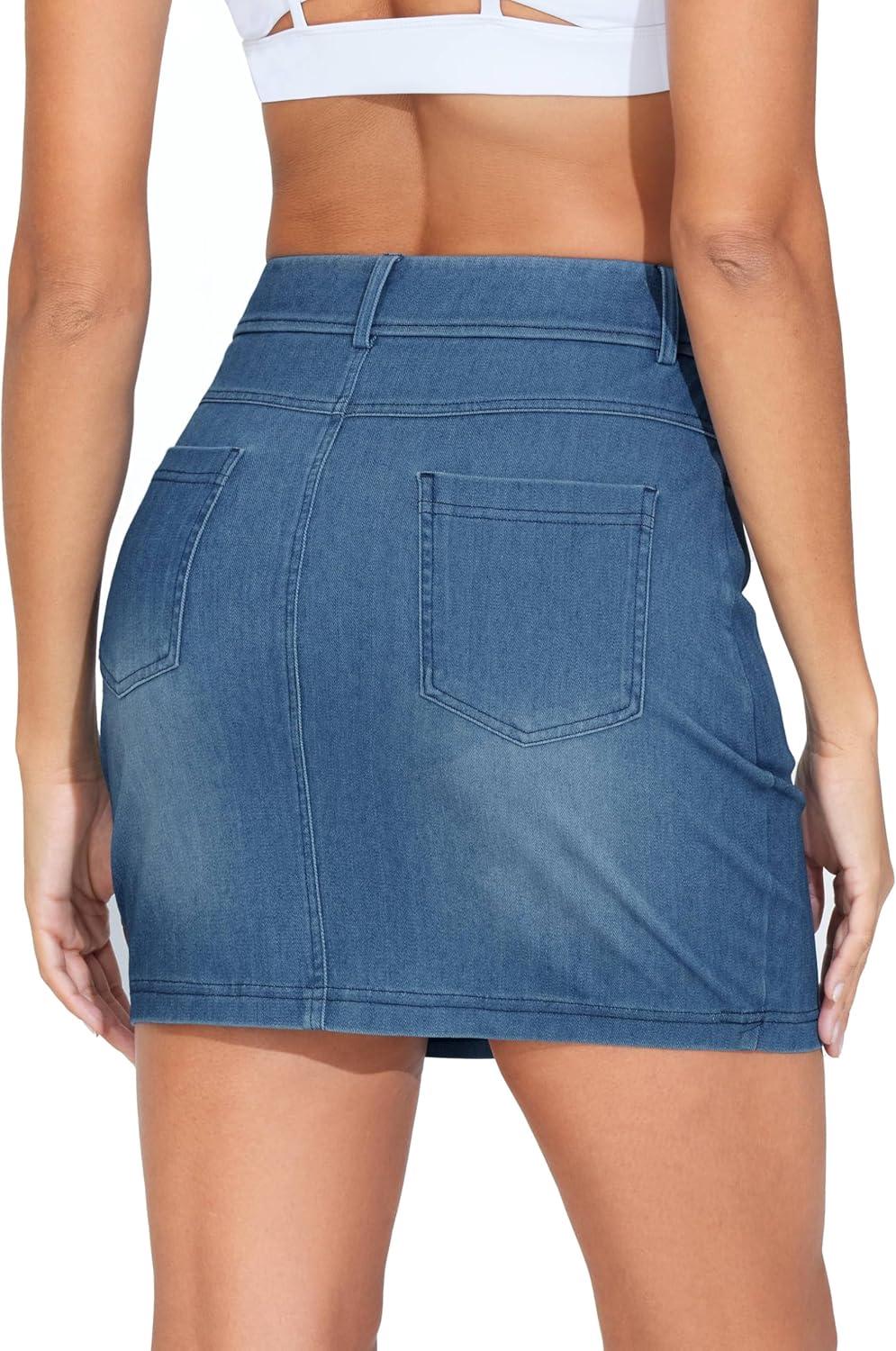imageTHE GYM PEOPLE Womens High Waisted Mini Denim Skirts with Pockets Stretch Skinny Jean Bodycon SkirtsDenim Blue