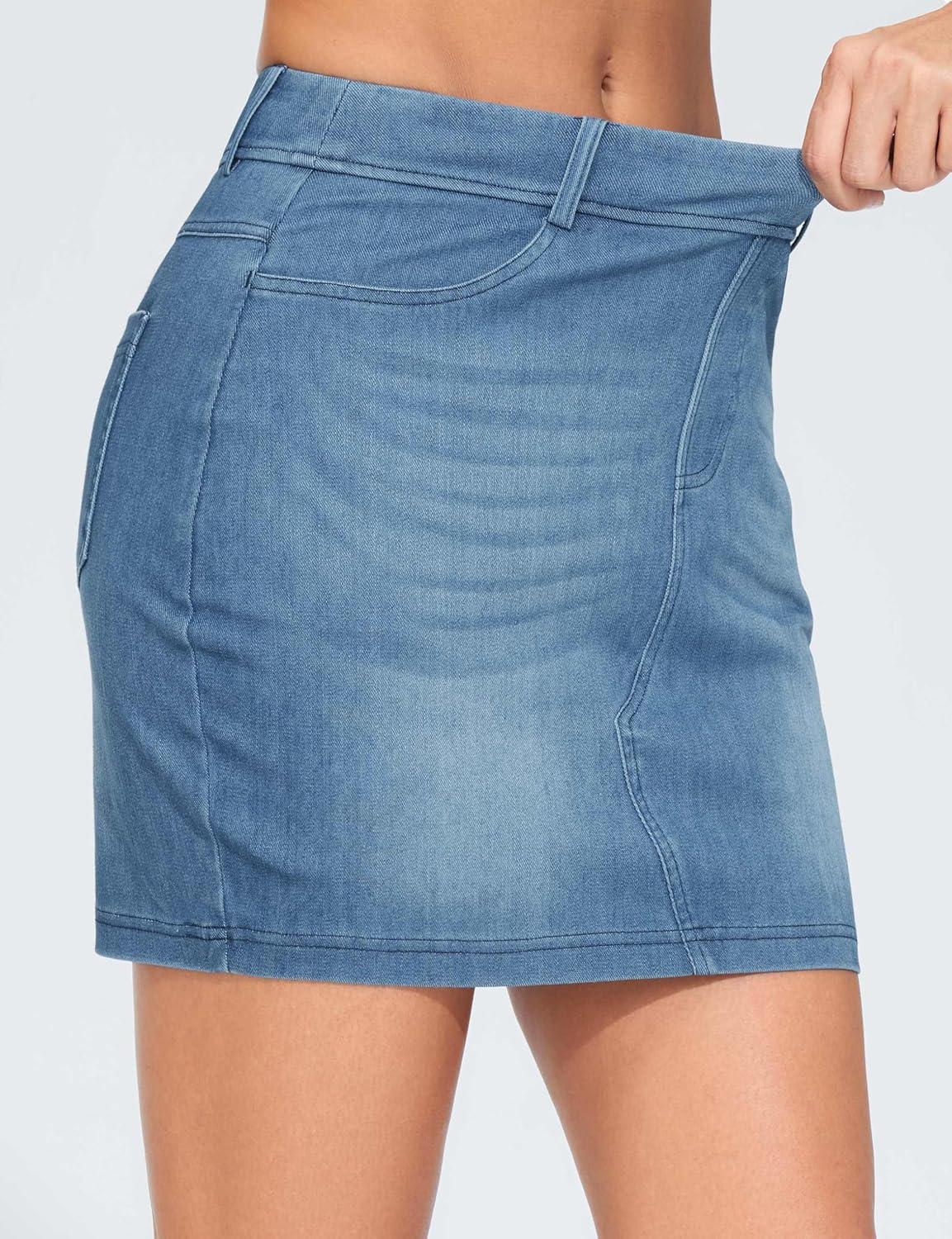 imageTHE GYM PEOPLE Womens High Waisted Mini Denim Skirts with Pockets Stretch Skinny Jean Bodycon SkirtsDenim Blue