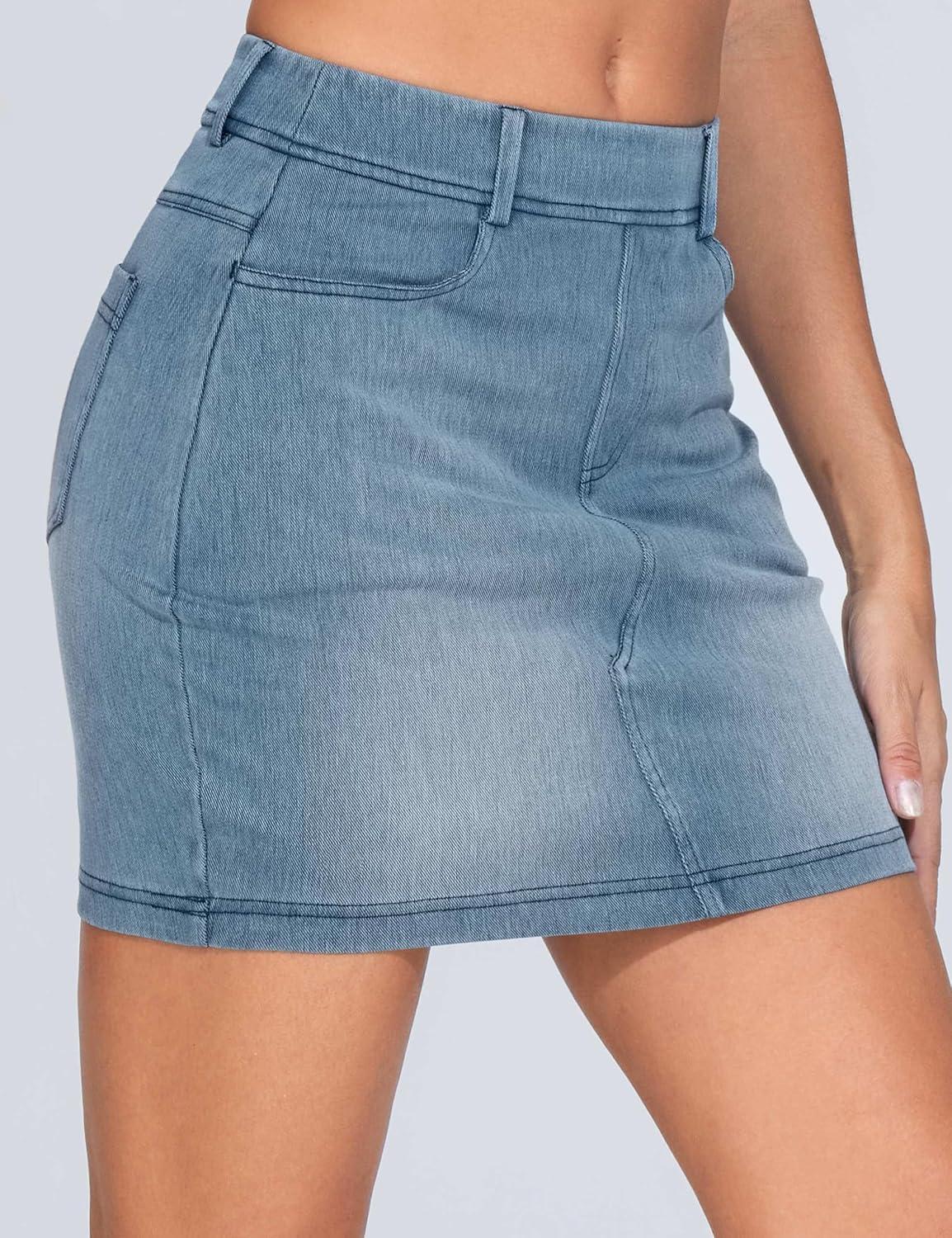imageTHE GYM PEOPLE Womens High Waisted Mini Denim Skirts with Pockets Stretch Skinny Jean Bodycon SkirtsDenim Light Blue