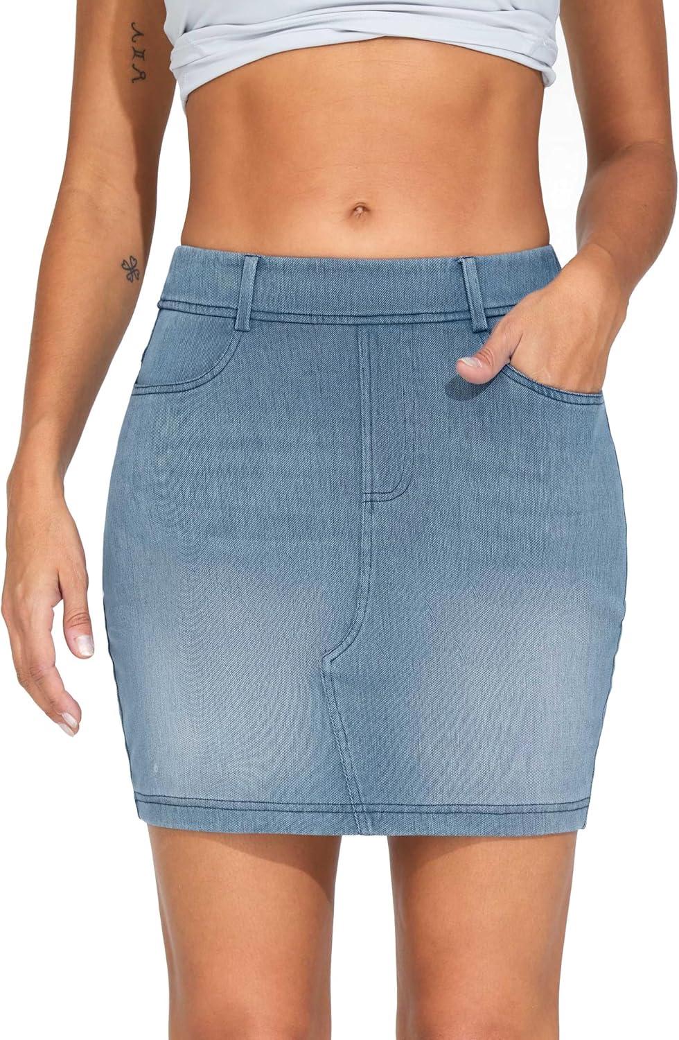 imageTHE GYM PEOPLE Womens High Waisted Mini Denim Skirts with Pockets Stretch Skinny Jean Bodycon SkirtsDenim Light Blue
