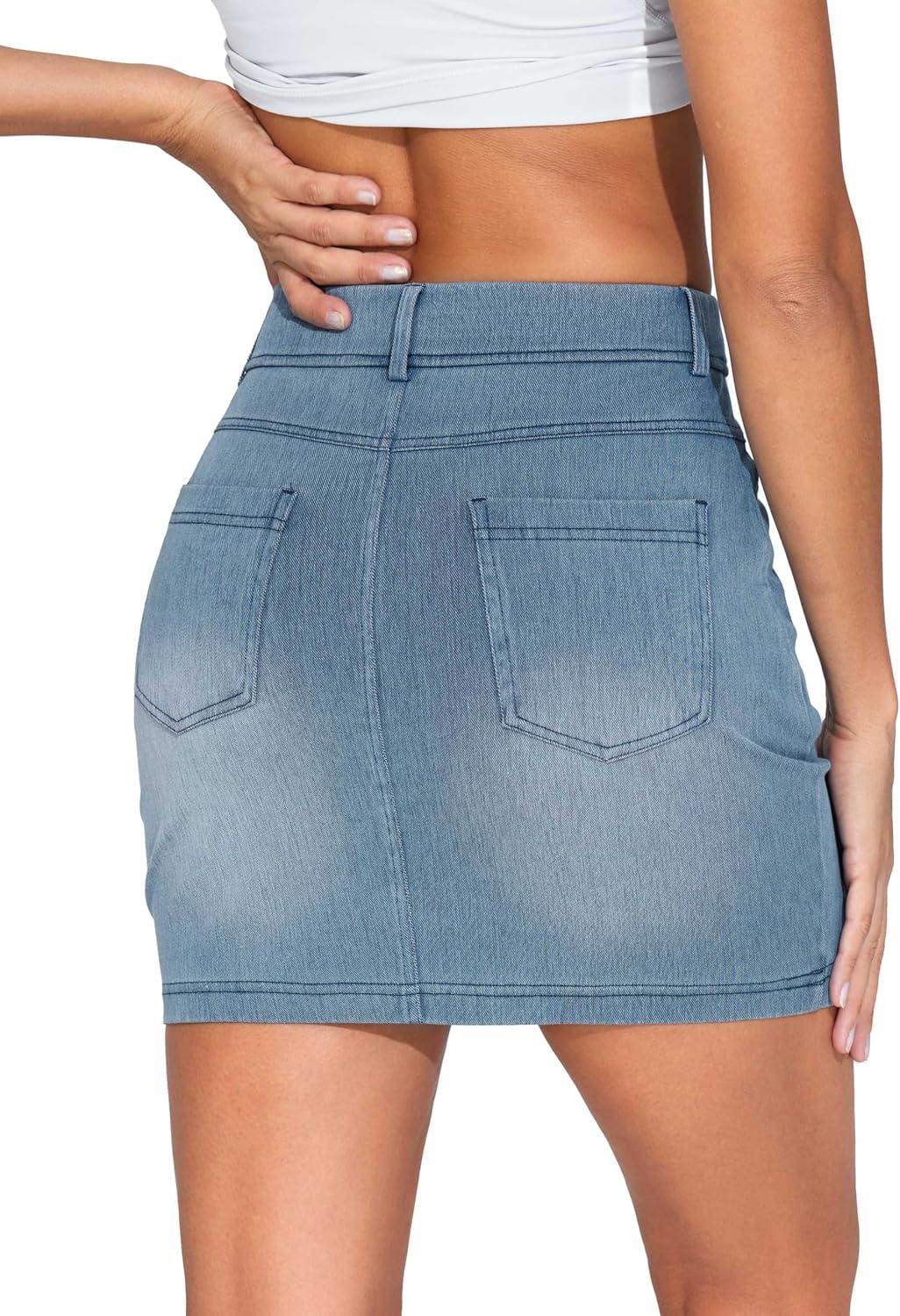 imageTHE GYM PEOPLE Womens High Waisted Mini Denim Skirts with Pockets Stretch Skinny Jean Bodycon SkirtsDenim Light Blue