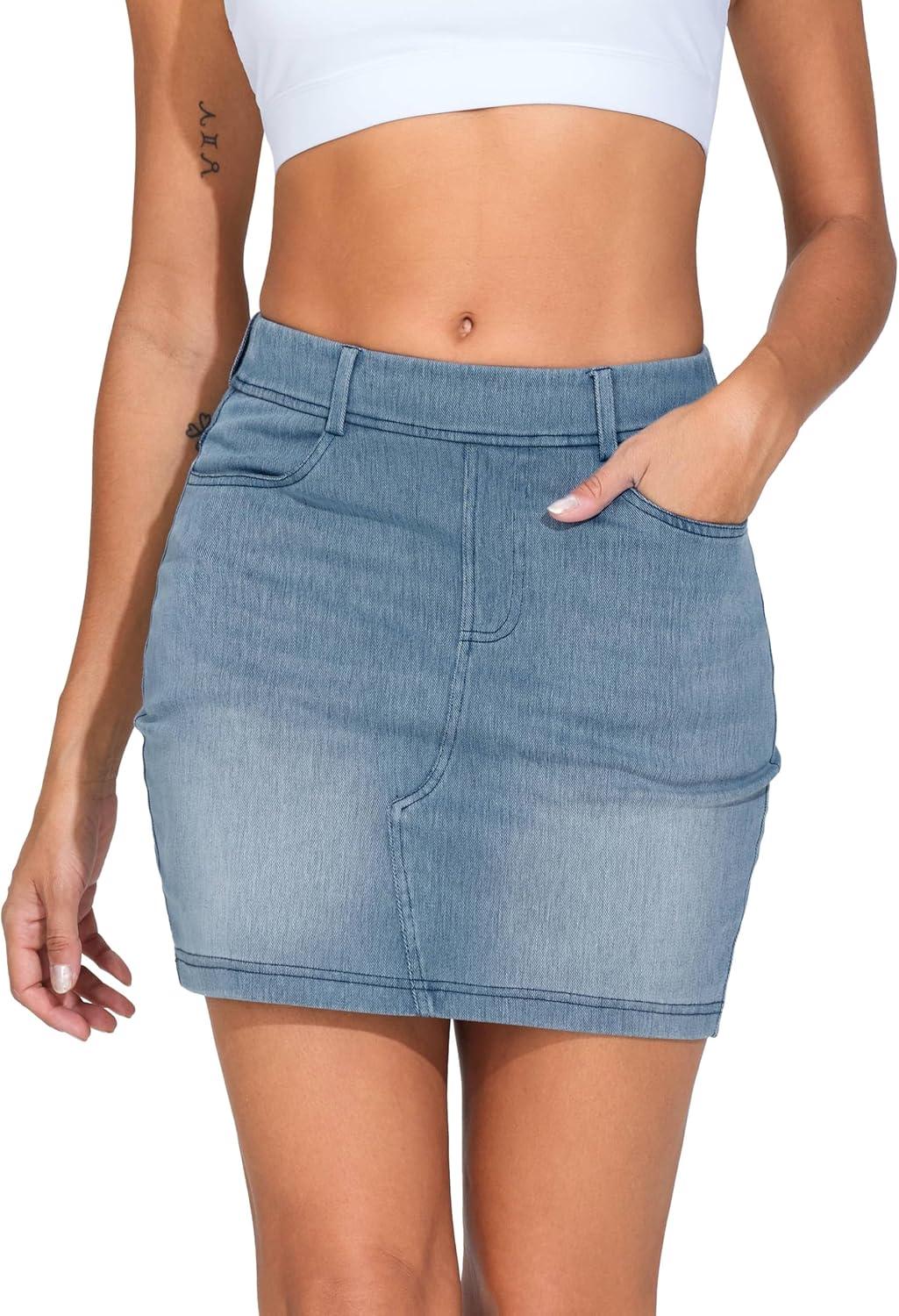 imageTHE GYM PEOPLE Womens High Waisted Mini Denim Skirts with Pockets Stretch Skinny Jean Bodycon SkirtsDenim Light Blue