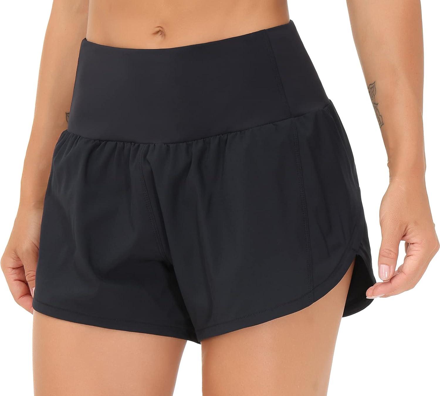 imageTHE GYM PEOPLE Womens High Waisted Running Shorts Quick Dry Athletic Workout Shorts with Mesh Liner Zipper PocketsBlack