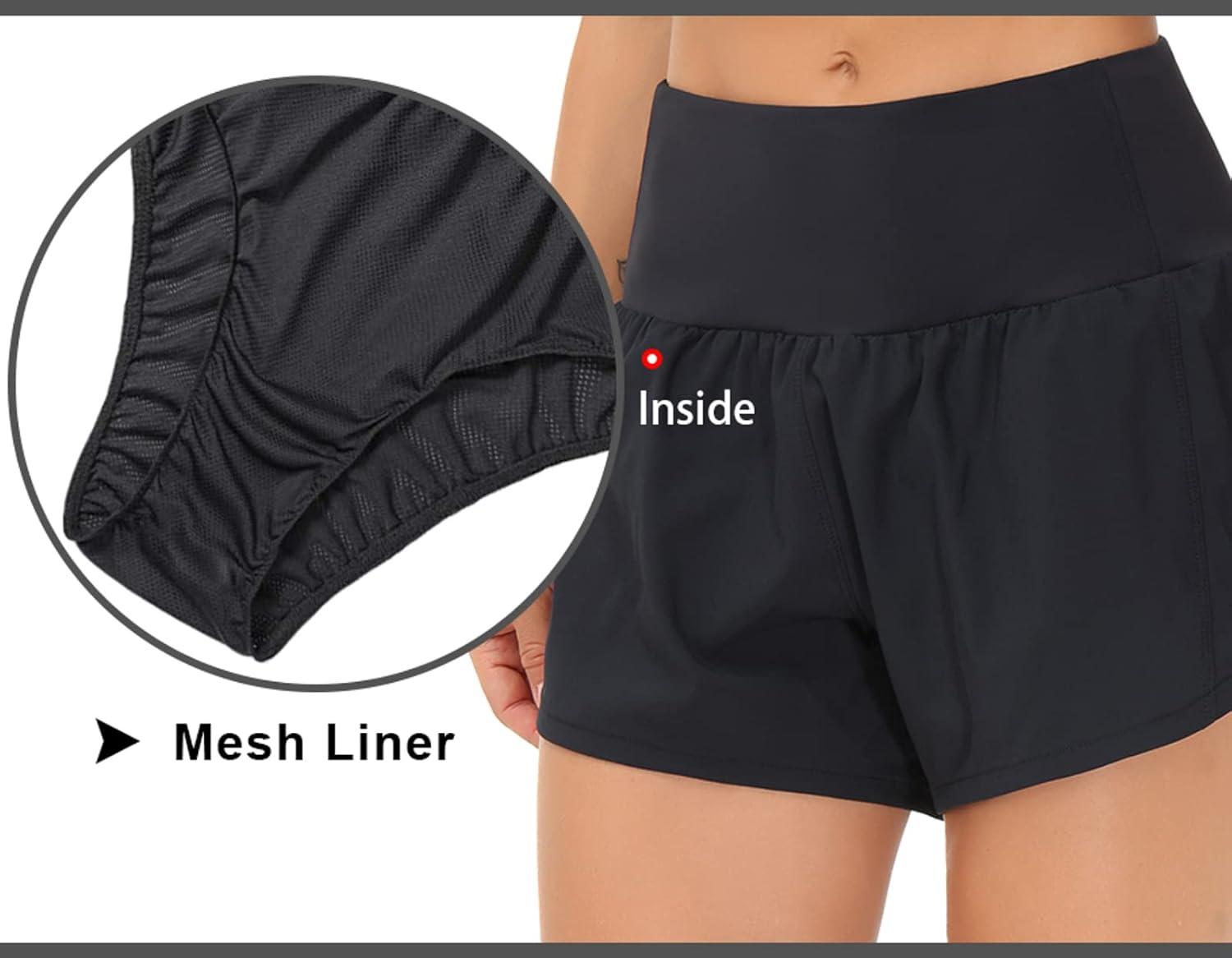 imageTHE GYM PEOPLE Womens High Waisted Running Shorts Quick Dry Athletic Workout Shorts with Mesh Liner Zipper PocketsBlack