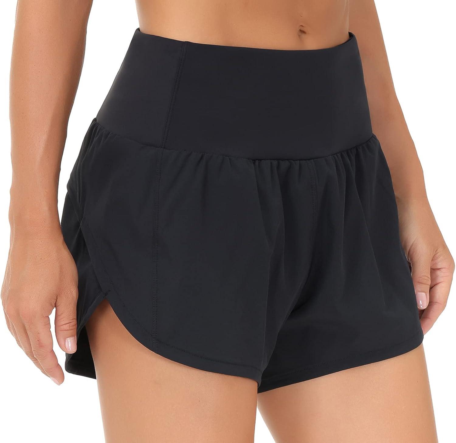 imageTHE GYM PEOPLE Womens High Waisted Running Shorts Quick Dry Athletic Workout Shorts with Mesh Liner Zipper PocketsBlack