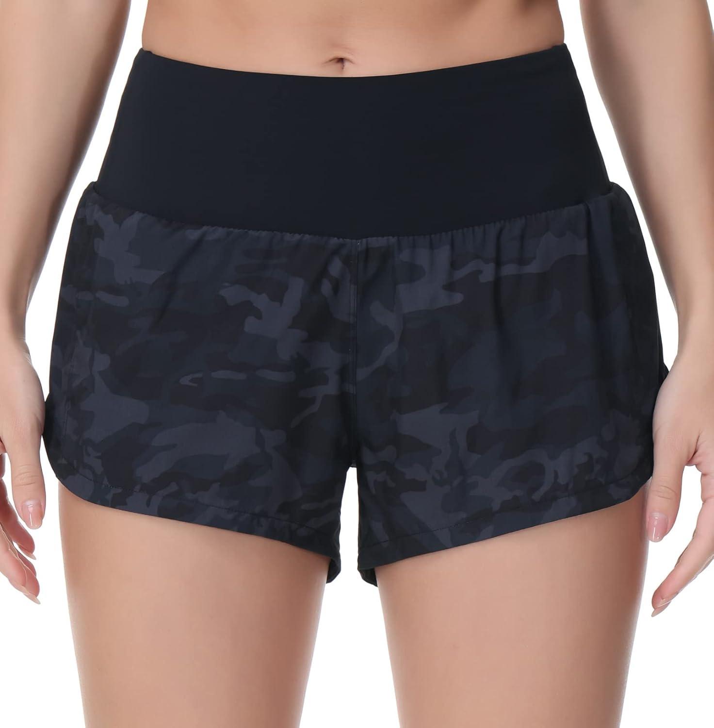 imageTHE GYM PEOPLE Womens High Waisted Running Shorts Quick Dry Athletic Workout Shorts with Mesh Liner Zipper PocketsBlack Grey Camo
