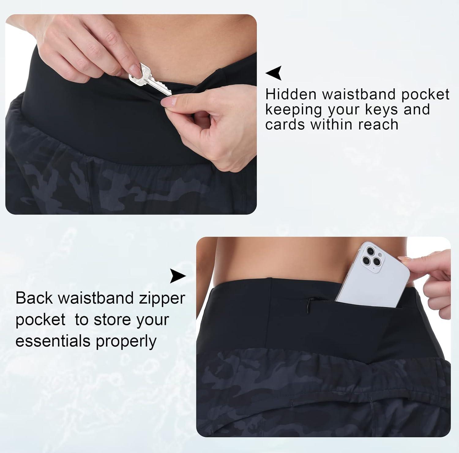 imageTHE GYM PEOPLE Womens High Waisted Running Shorts Quick Dry Athletic Workout Shorts with Mesh Liner Zipper PocketsBlack Grey Camo