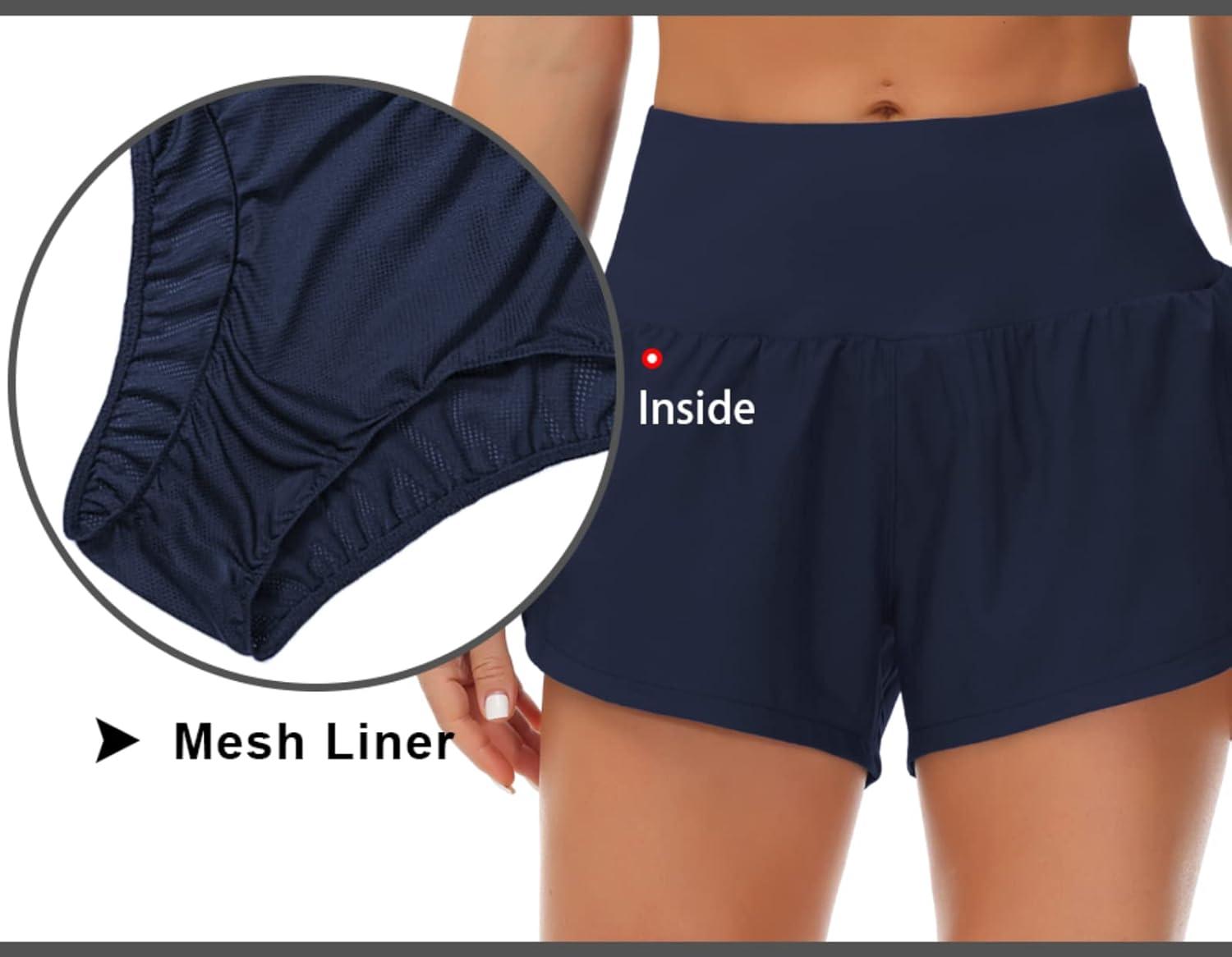 imageTHE GYM PEOPLE Womens High Waisted Running Shorts Quick Dry Athletic Workout Shorts with Mesh Liner Zipper PocketsBlue