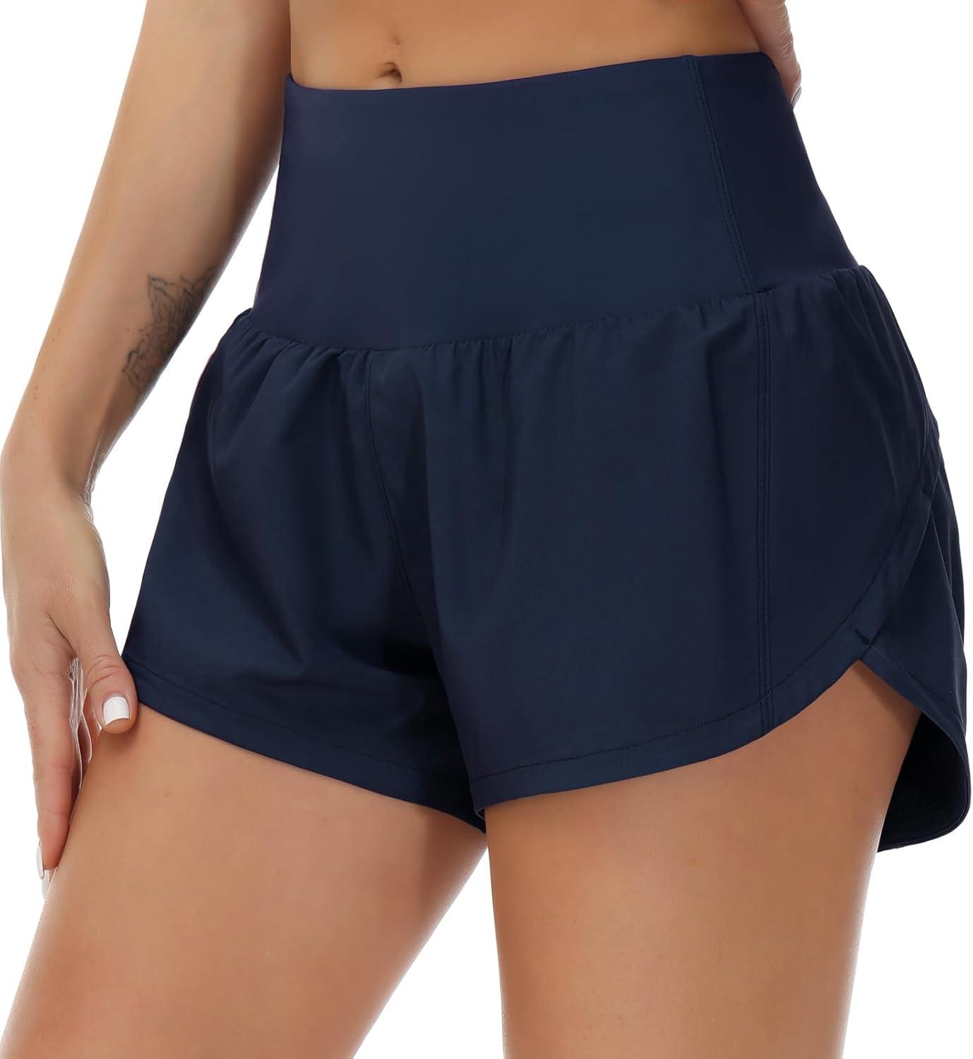imageTHE GYM PEOPLE Womens High Waisted Running Shorts Quick Dry Athletic Workout Shorts with Mesh Liner Zipper PocketsBlue