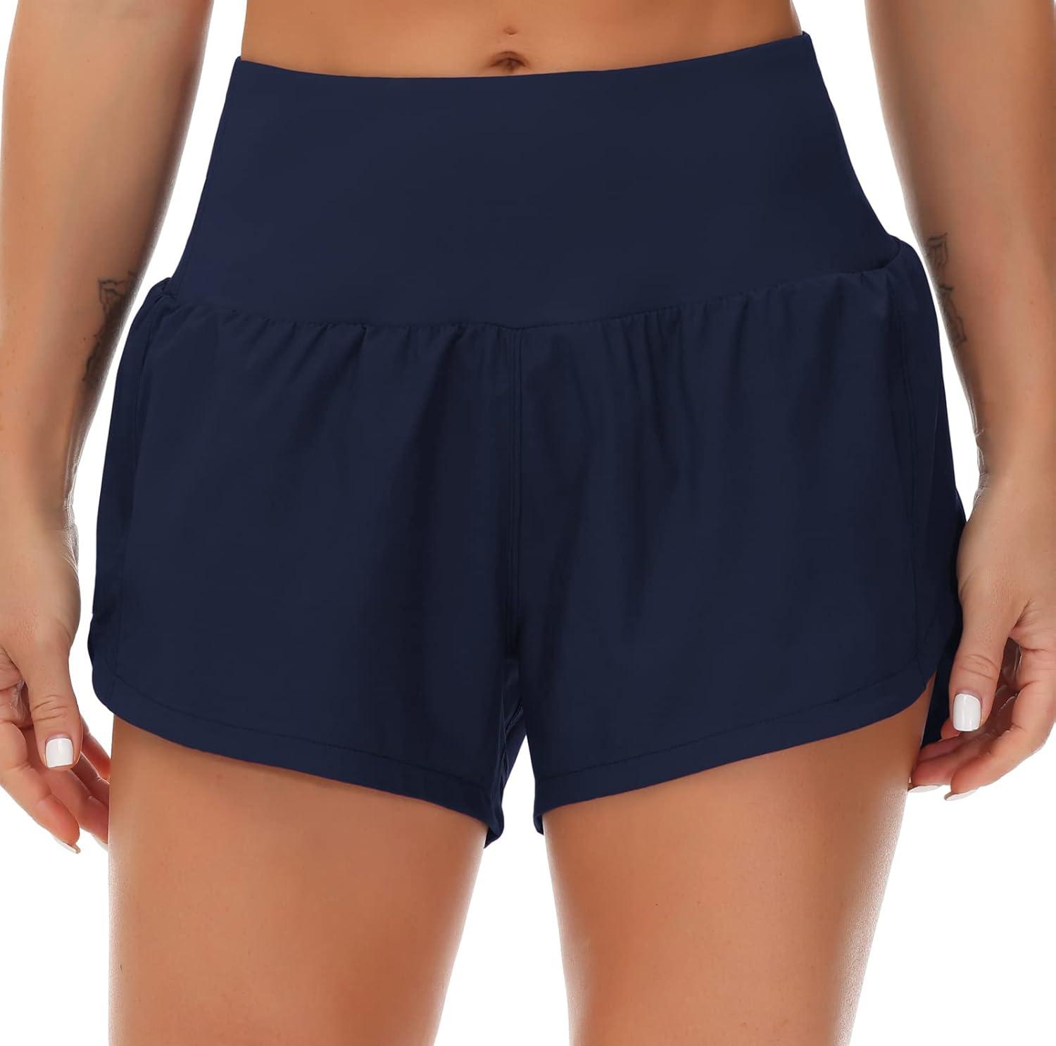 imageTHE GYM PEOPLE Womens High Waisted Running Shorts Quick Dry Athletic Workout Shorts with Mesh Liner Zipper PocketsBlue