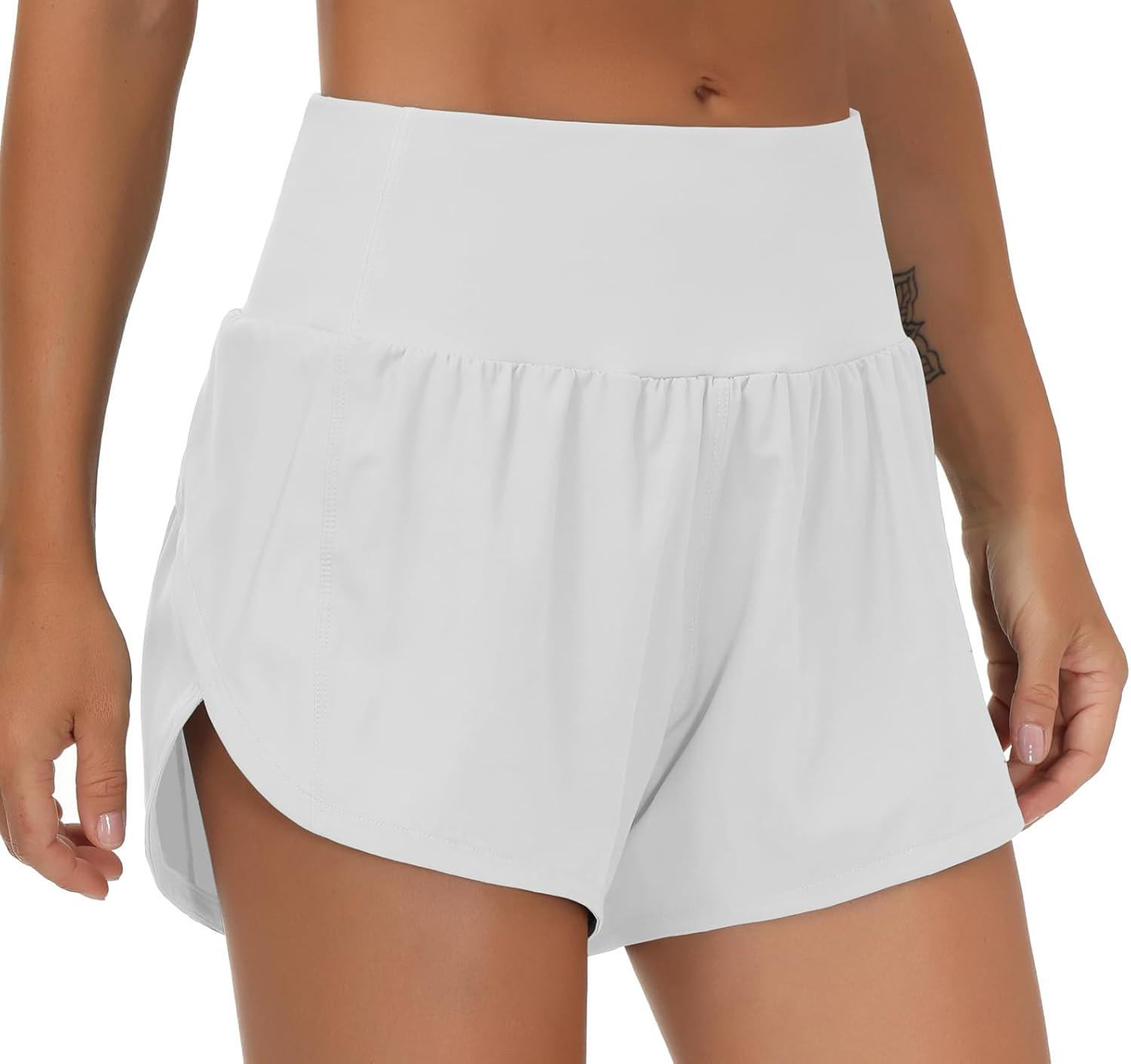 imageTHE GYM PEOPLE Womens High Waisted Running Shorts Quick Dry Athletic Workout Shorts with Mesh Liner Zipper PocketsBright Grey